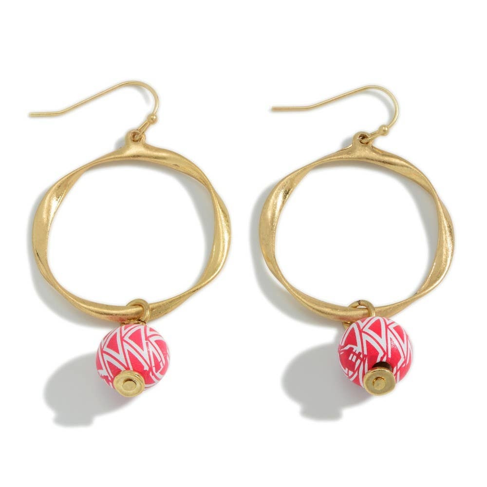 Twisted Gold Hoop Dangle Drop Earring with Pink Aztec Wood Bead